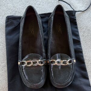 Vionic Black Loafers with Silver Chain Accent